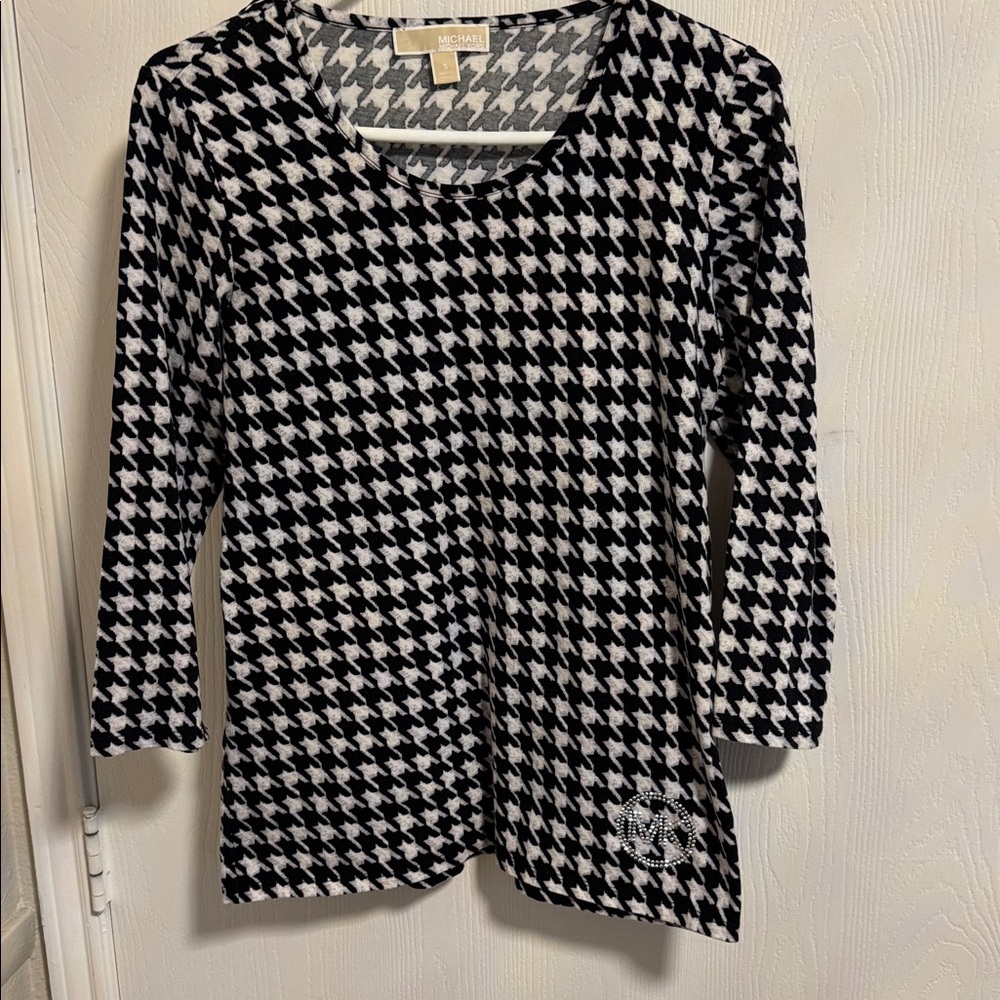 Michael Kors Houndstooth Print Lightweight Women's Small 3/4 Sleeves Black White